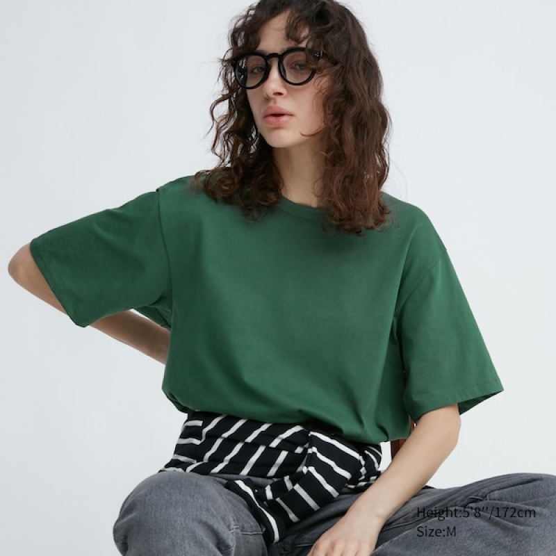 Uniqlo AIRism Bomull Crew Neck T-skjorte Dame Grønn | 7856-IPULH