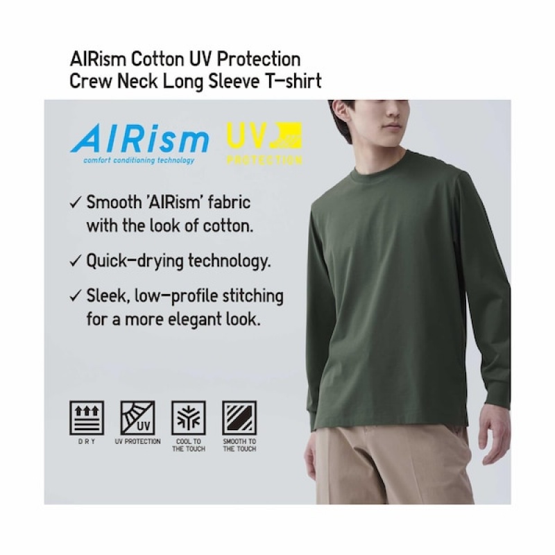 Uniqlo AIRism Bomull UV Protection Crew Neck Long-Sleeve T-skjorte Herre Grønn | 9750-HOBFV