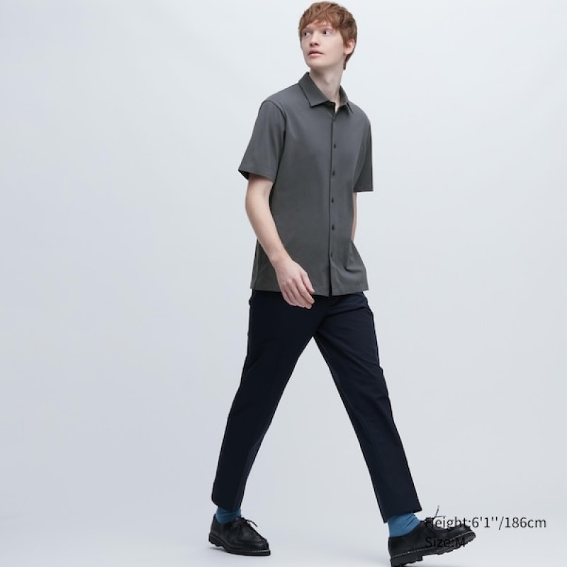 Uniqlo AIRism Full Open Kort-Sleeve Polo Skjorte Herre Grå | 4659-RSEHL