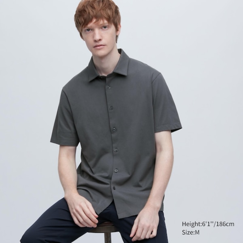 Uniqlo AIRism Full Open Kort-Sleeve Polo Skjorte Herre Grå | 4659-RSEHL