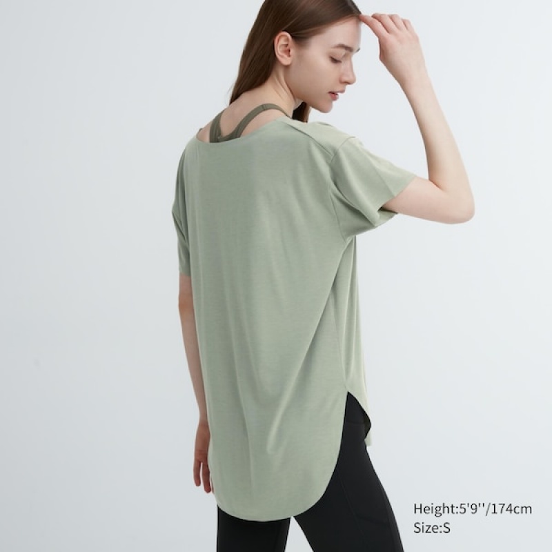 Uniqlo AIRism Seamless Båt Neck Kort-Sleeve Long T-skjorte Dame Grønn | 6215-QWKXL