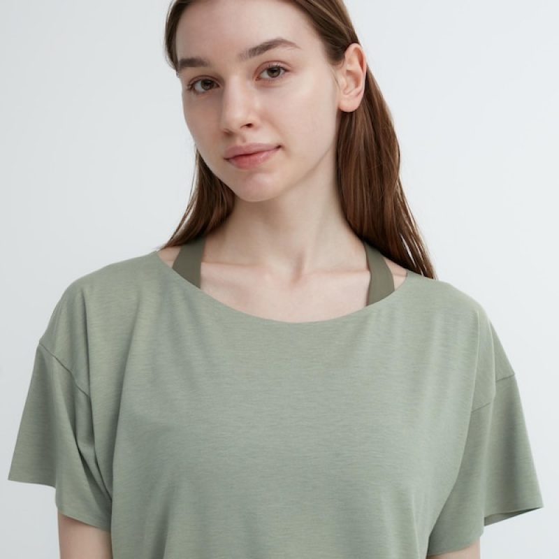 Uniqlo AIRism Seamless Båt Neck Kort-Sleeve Long T-skjorte Dame Grønn | 6215-QWKXL