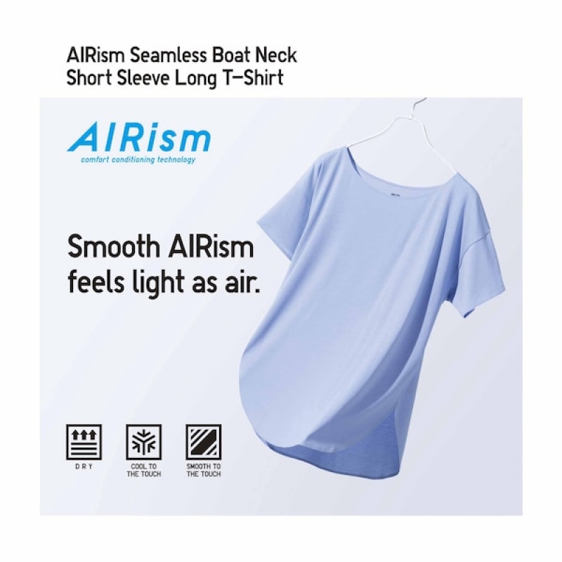 Uniqlo AIRism Seamless Båt Neck Kort-Sleeve Long T-skjorte Dame Blå | 9860-XGBMJ