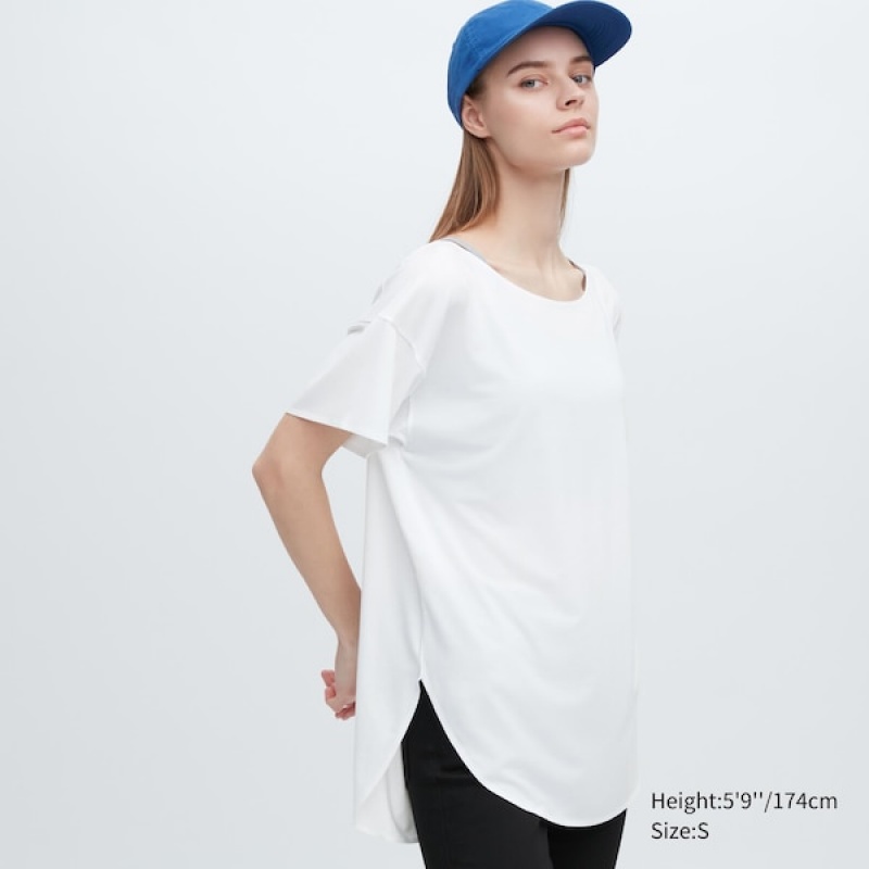 Uniqlo AIRism Seamless Båt Neck Kort-Sleeve Long T-skjorte Dame Hvite | 7328-HBOUA