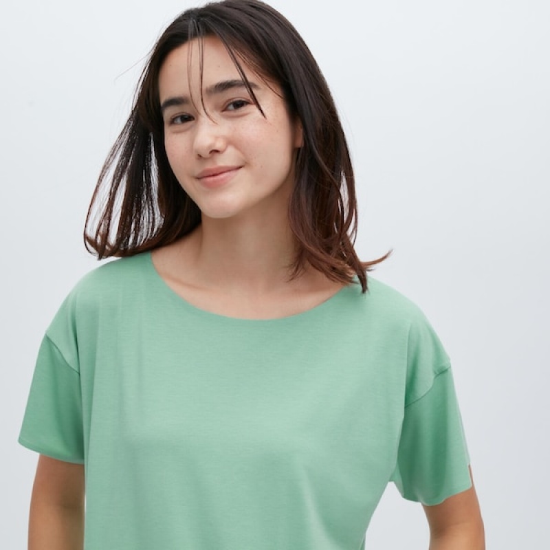 Uniqlo AIRism Seamless Båt Neck Kort-Sleeve Long T-skjorte Dame Grønn | 6874-DCFTA