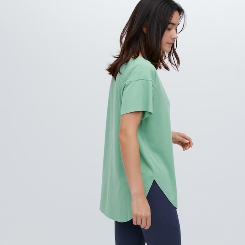 Uniqlo AIRism Seamless Båt Neck Kort-Sleeve Long T-skjorte Dame Grønn | 6874-DCFTA