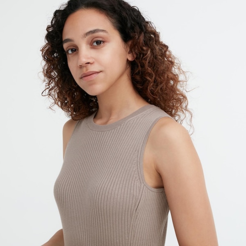 Uniqlo Bomull Blend Knit Ermeløse Kjole Dame Beige | 1846-ZDGUH