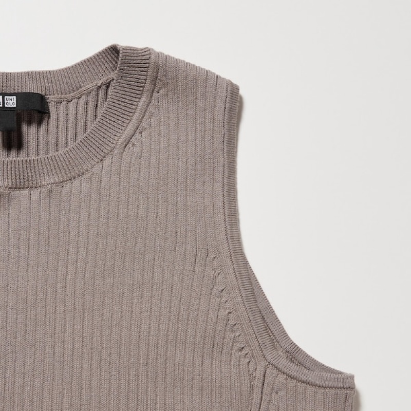 Uniqlo Bomull Blend Knit Ermeløse Kjole Dame Beige | 1846-ZDGUH