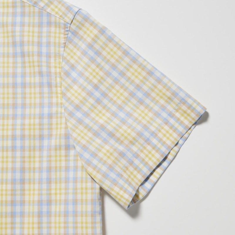 Uniqlo Bomull Checked Kort-Sleeve Skjorte Dame Gul | 9851-ZPAXN