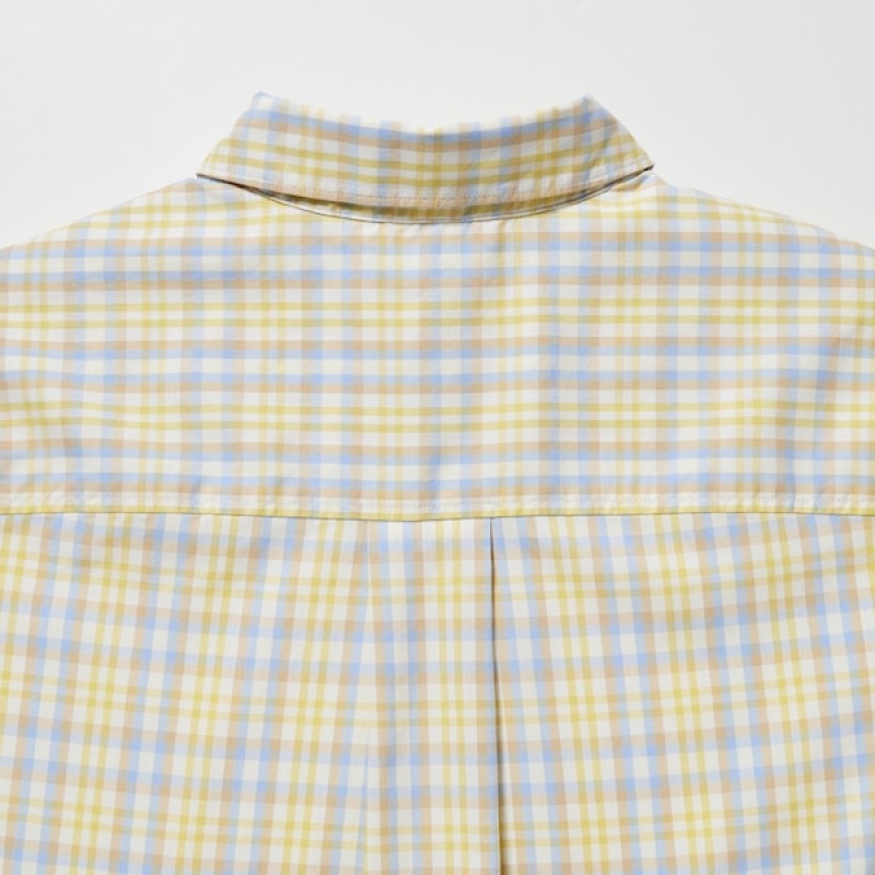 Uniqlo Bomull Checked Kort-Sleeve Skjorte Dame Gul | 9851-ZPAXN