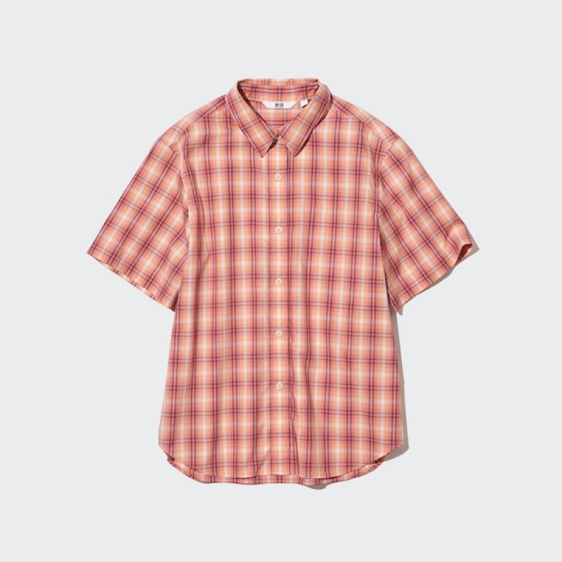 Uniqlo Bomull Checked Kort-Sleeve Skjorte Dame Rosa | 5184-PLCQA