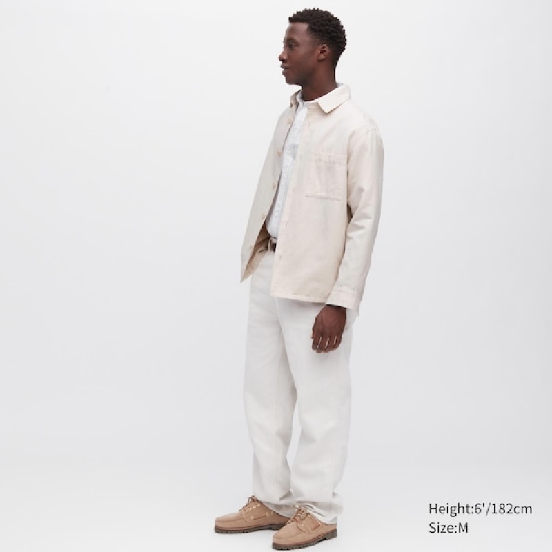 Uniqlo Bomull Linen Over Shirt jackets Herre Hvite | DMCFHX-930