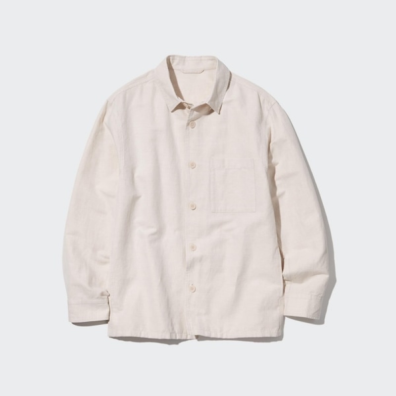 Uniqlo Bomull Linen Over Shirt jackets Herre Hvite | DMCFHX-930