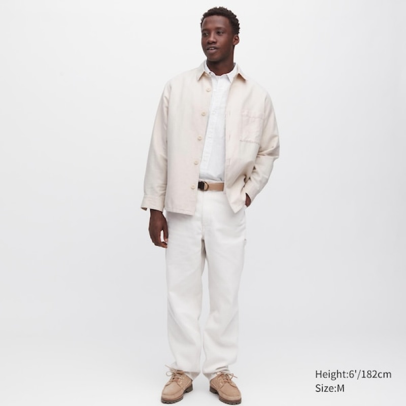 Uniqlo Bomull Linen Over Shirt jackets Herre Hvite | DMCFHX-930