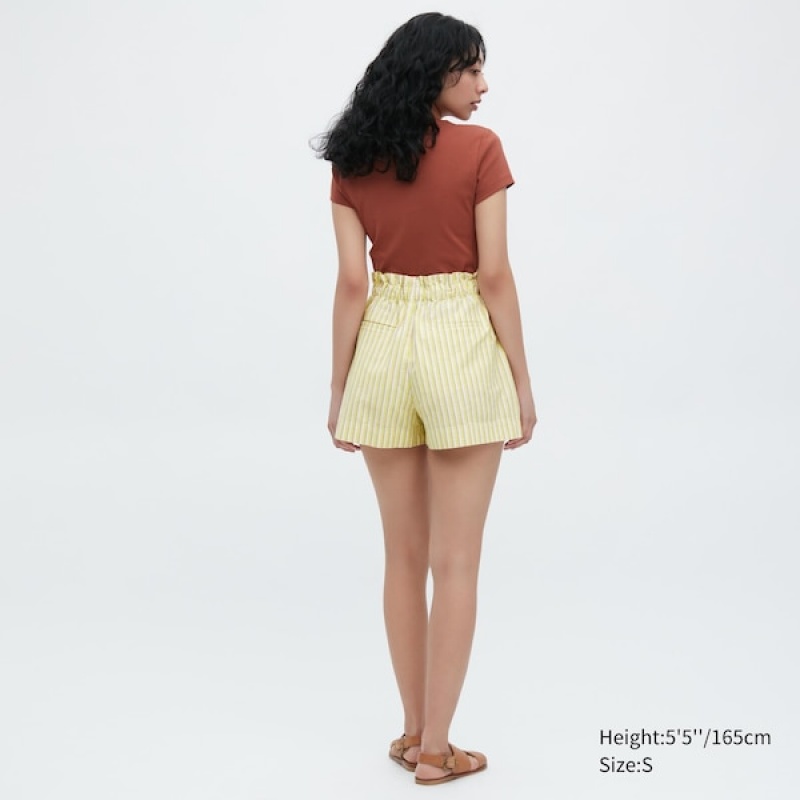 Uniqlo Bomull Linen Stripete Shorts Dame Gul | 8395-YFPUJ