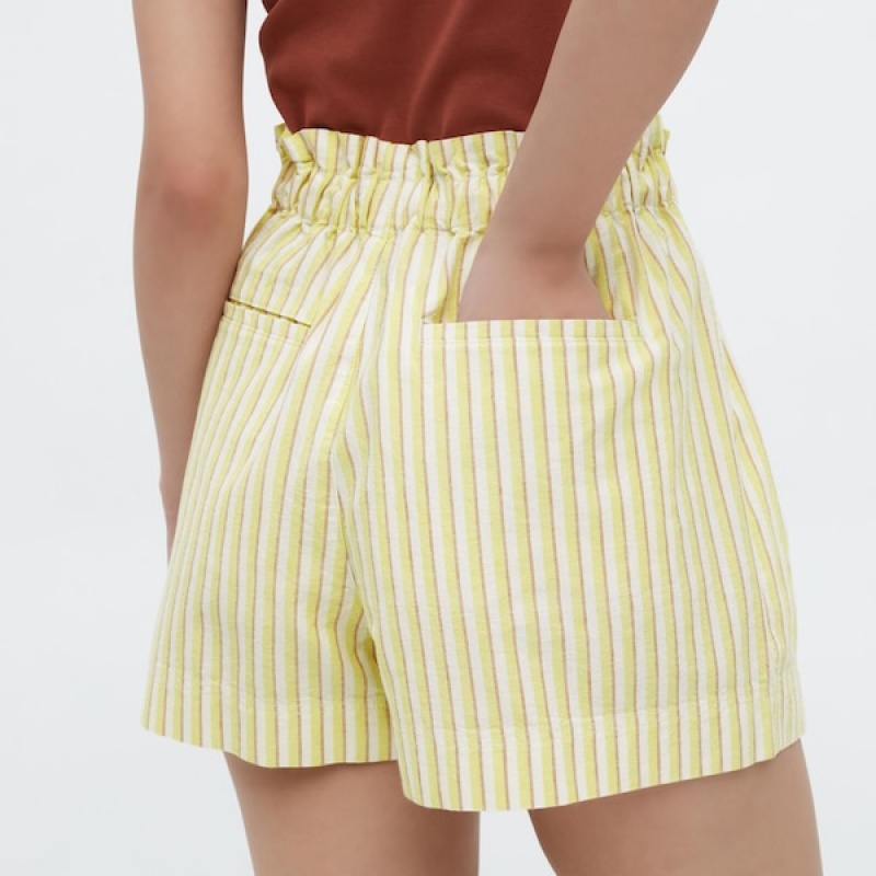 Uniqlo Bomull Linen Stripete Shorts Dame Gul | 8395-YFPUJ