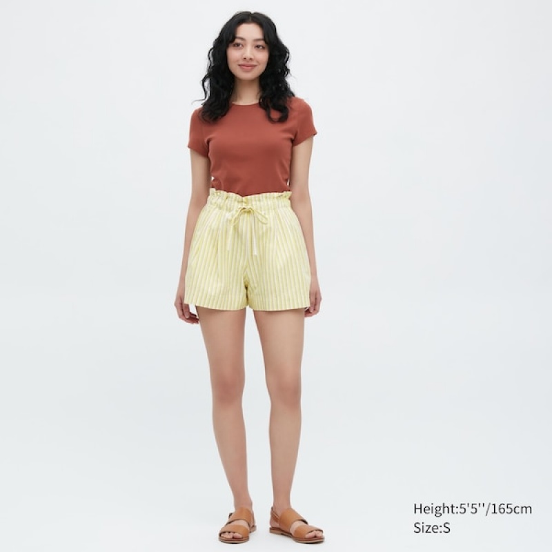 Uniqlo Bomull Linen Stripete Shorts Dame Gul | 8395-YFPUJ