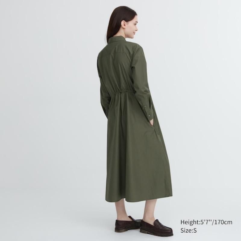 Uniqlo Bomull Long-Sleeve Long Shirt Kjole Dame Mørke Grønn | 5064-TJBHV