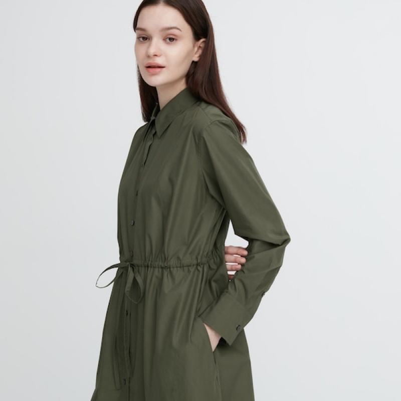 Uniqlo Bomull Long-Sleeve Long Shirt Kjole Dame Mørke Grønn | 5064-TJBHV