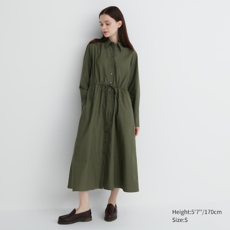 Uniqlo Bomull Long-Sleeve Long Shirt Kjole Dame Mørke Grønn | 5064-TJBHV