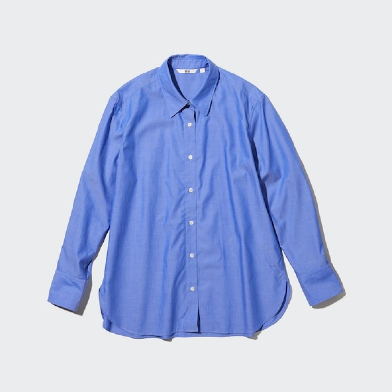 Uniqlo Bomull Long-Sleeve Skjorte Dame Blå | 2179-TZNBI