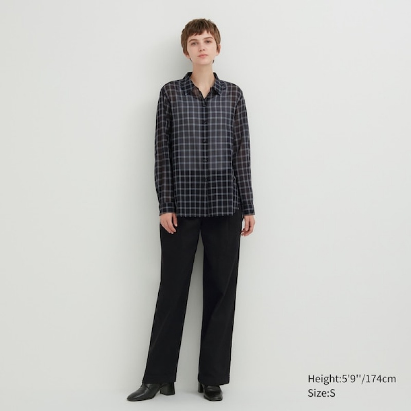 Uniqlo Bomull Sheer Checked Long-Sleeve Skjorte Dame Svarte | 0736-DTFAI