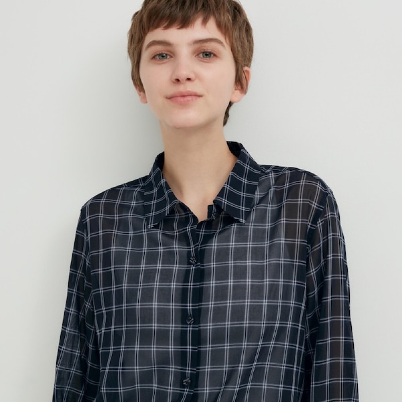 Uniqlo Bomull Sheer Checked Long-Sleeve Skjorte Dame Svarte | 0736-DTFAI