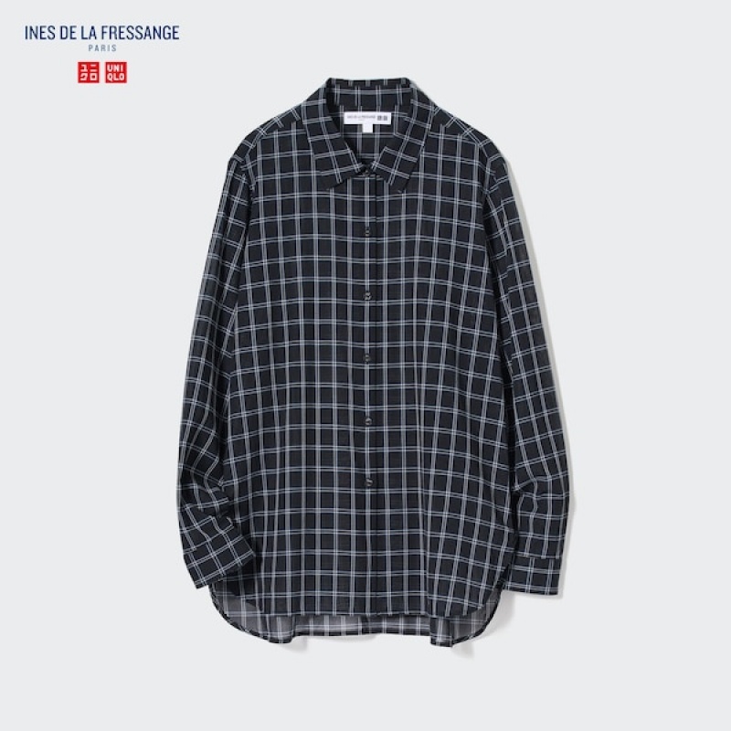 Uniqlo Bomull Sheer Checked Long-Sleeve Skjorte Dame Svarte | 0736-DTFAI