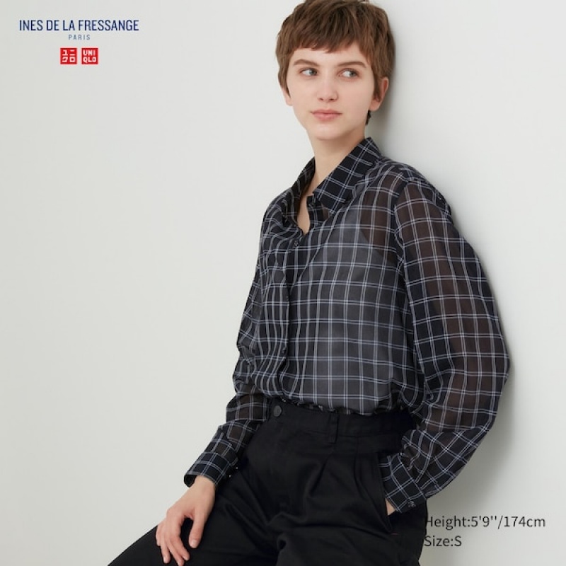 Uniqlo Bomull Sheer Checked Long-Sleeve Skjorte Dame Svarte | 0736-DTFAI