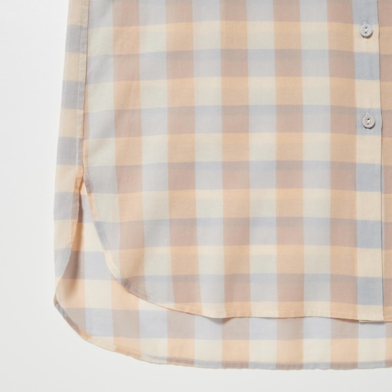 Uniqlo Bomull Sheer Checked Long-Sleeve Skjorte Dame Beige | 9457-IYKCG