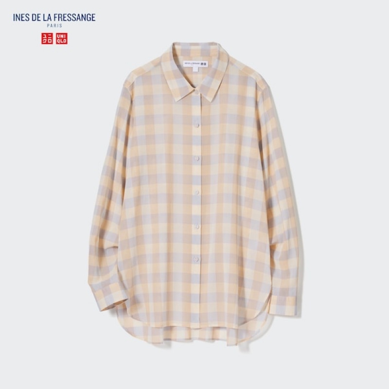 Uniqlo Bomull Sheer Checked Long-Sleeve Skjorte Dame Beige | 9457-IYKCG