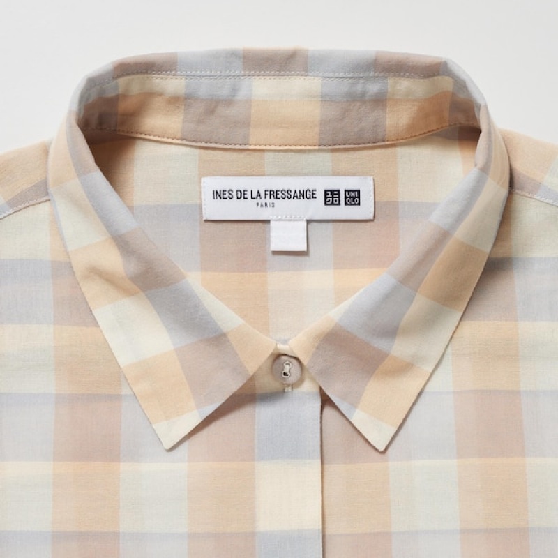 Uniqlo Bomull Sheer Checked Long-Sleeve Skjorte Dame Beige | 9457-IYKCG