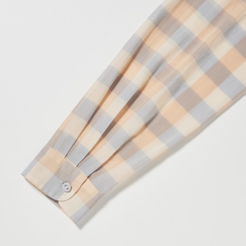 Uniqlo Bomull Sheer Checked Long-Sleeve Skjorte Dame Beige | 9457-IYKCG