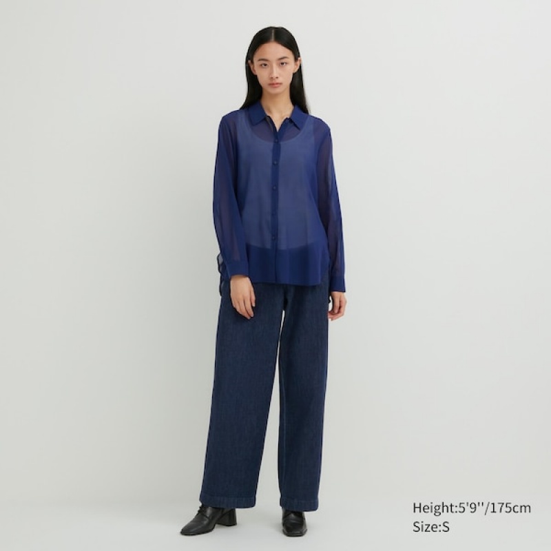 Uniqlo Bomull Sheer Long-Sleeve Skjorte Dame Blå | 3415-CSZDK