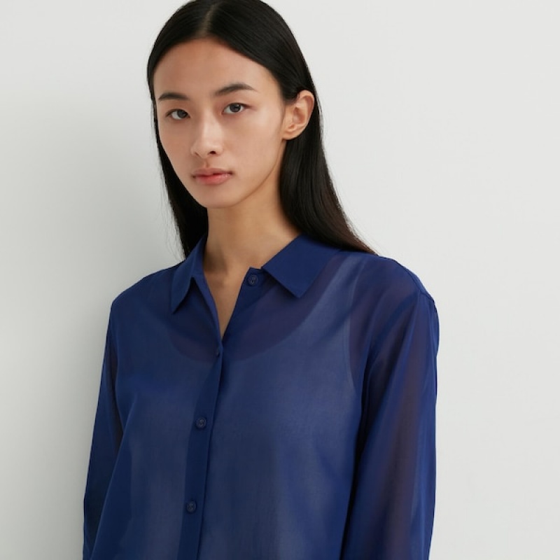 Uniqlo Bomull Sheer Long-Sleeve Skjorte Dame Blå | 3415-CSZDK