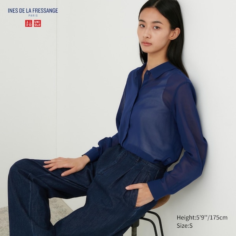 Uniqlo Bomull Sheer Long-Sleeve Skjorte Dame Blå | 3415-CSZDK