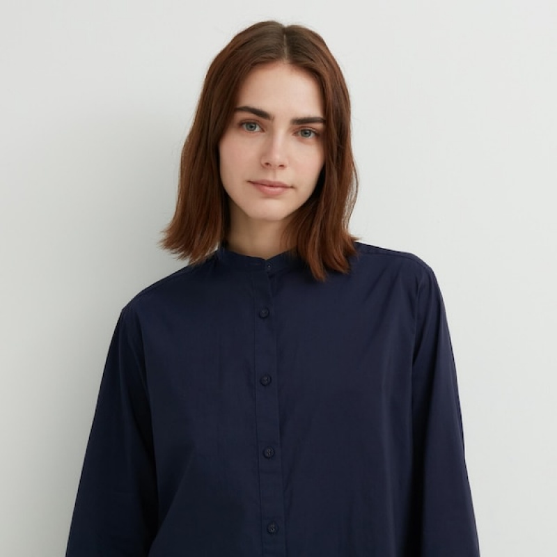 Uniqlo Bomull Silk Long-Sleeve Tunic Skjorte Dame Marineblå | 3508-ZWQLE