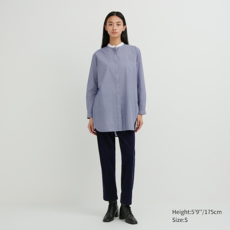 Uniqlo Bomull Silk Long-Sleeve Tunic Skjorte Dame Blå | 9281-GRAVK