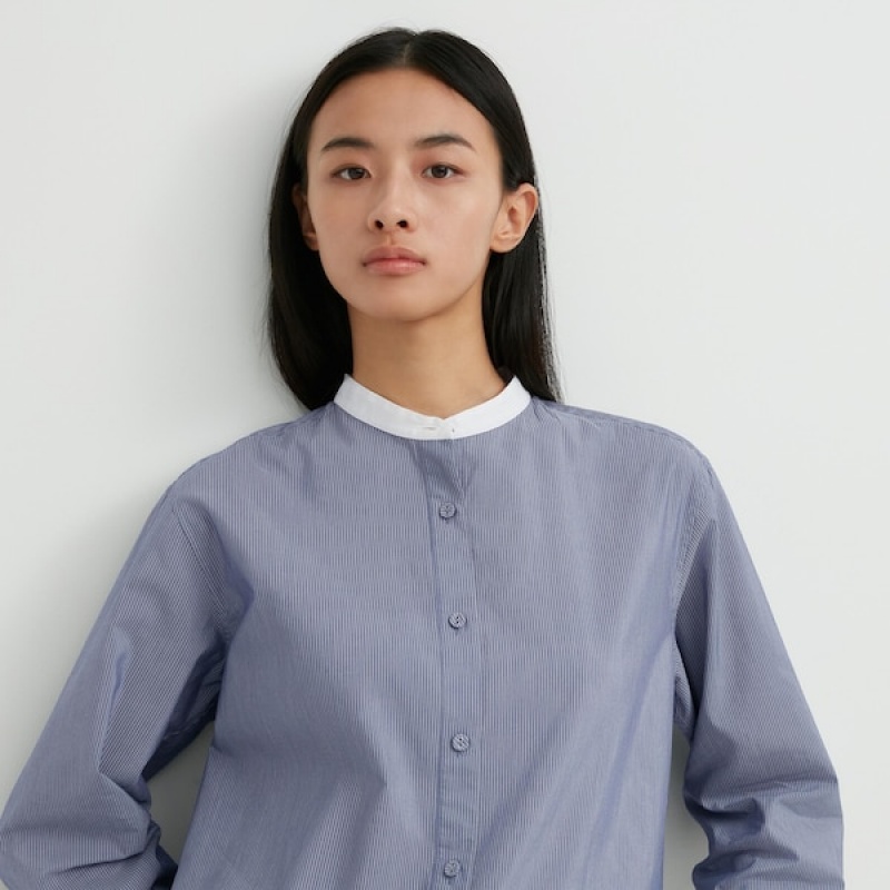 Uniqlo Bomull Silk Long-Sleeve Tunic Skjorte Dame Blå | 9281-GRAVK