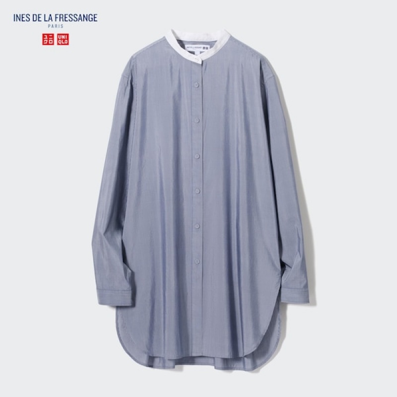 Uniqlo Bomull Silk Long-Sleeve Tunic Skjorte Dame Blå | 9281-GRAVK