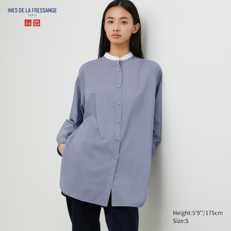 Uniqlo Bomull Silk Long-Sleeve Tunic Skjorte Dame Blå | 9281-GRAVK