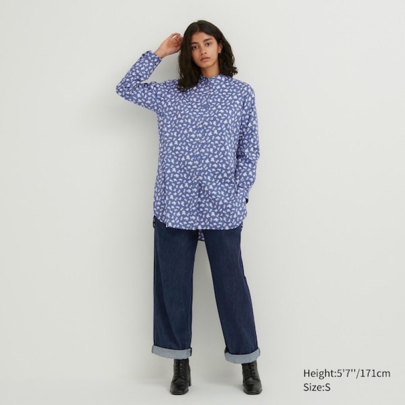 Uniqlo Bomull Silk Long-Sleeve Tunic Skjorte Dame Blå | 6739-XNKWJ