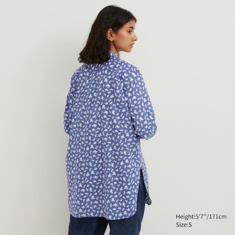 Uniqlo Bomull Silk Long-Sleeve Tunic Skjorte Dame Blå | 6739-XNKWJ