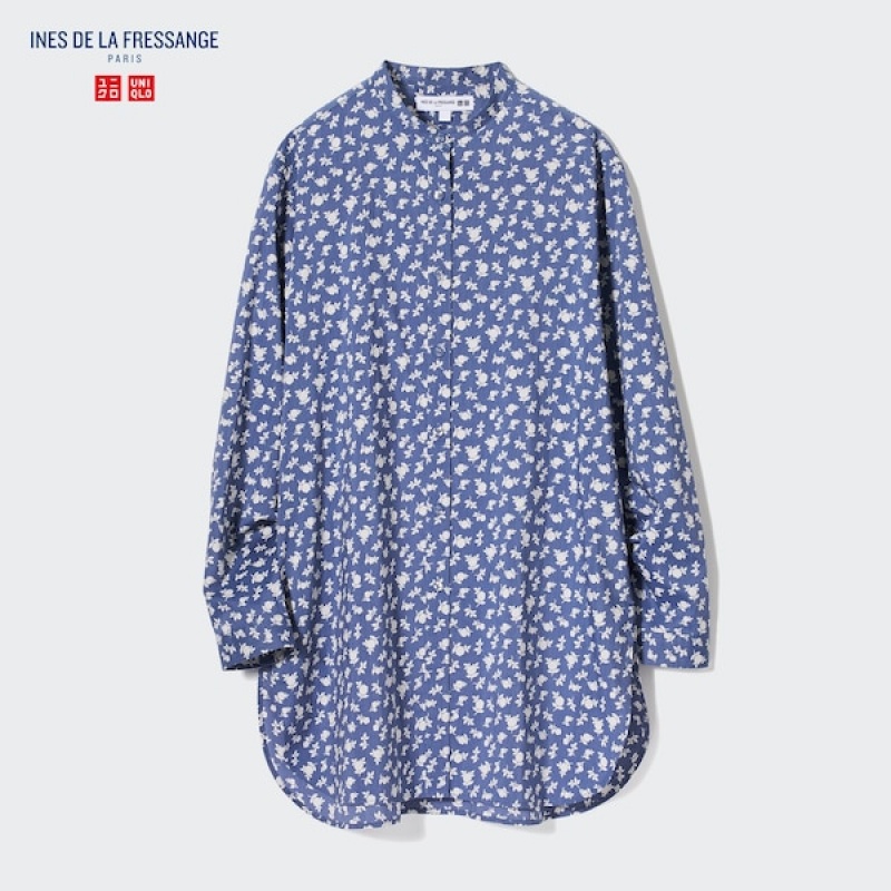 Uniqlo Bomull Silk Long-Sleeve Tunic Skjorte Dame Blå | 6739-XNKWJ