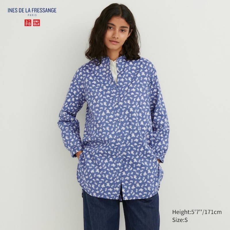 Uniqlo Bomull Silk Long-Sleeve Tunic Skjorte Dame Blå | 6739-XNKWJ