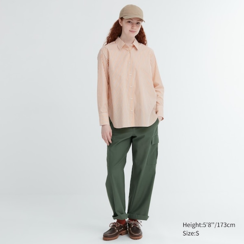 Uniqlo Bomull Stripete Long-Sleeve Skjorte Dame Gul | 1287-LIRDE