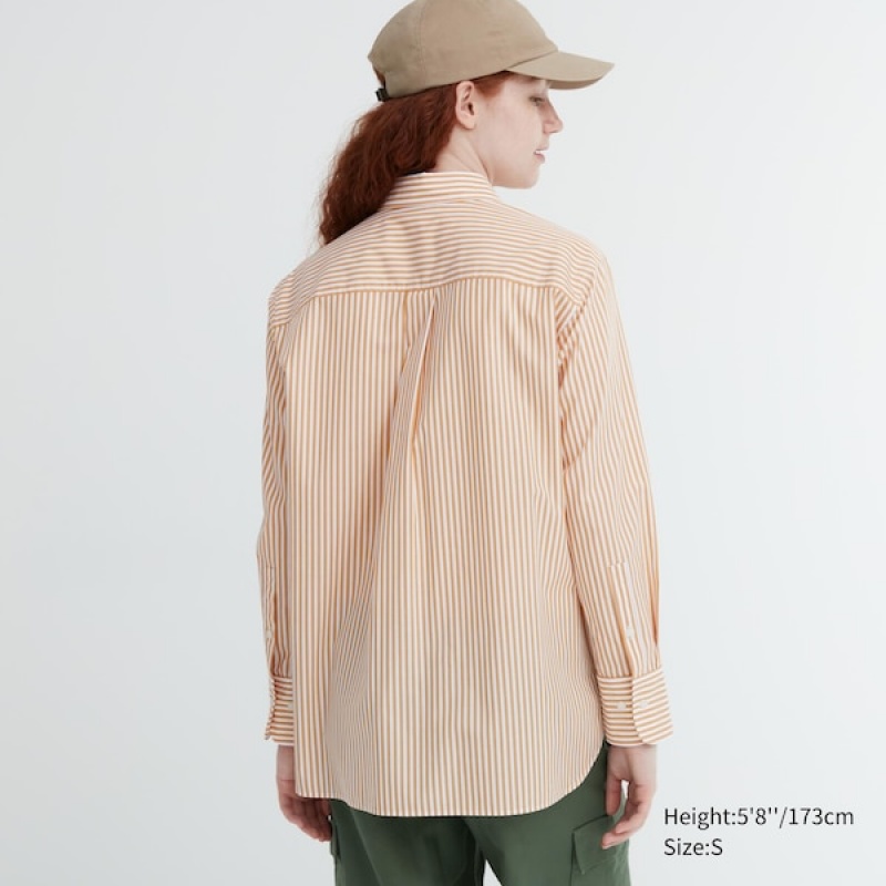 Uniqlo Bomull Stripete Long-Sleeve Skjorte Dame Gul | 1287-LIRDE