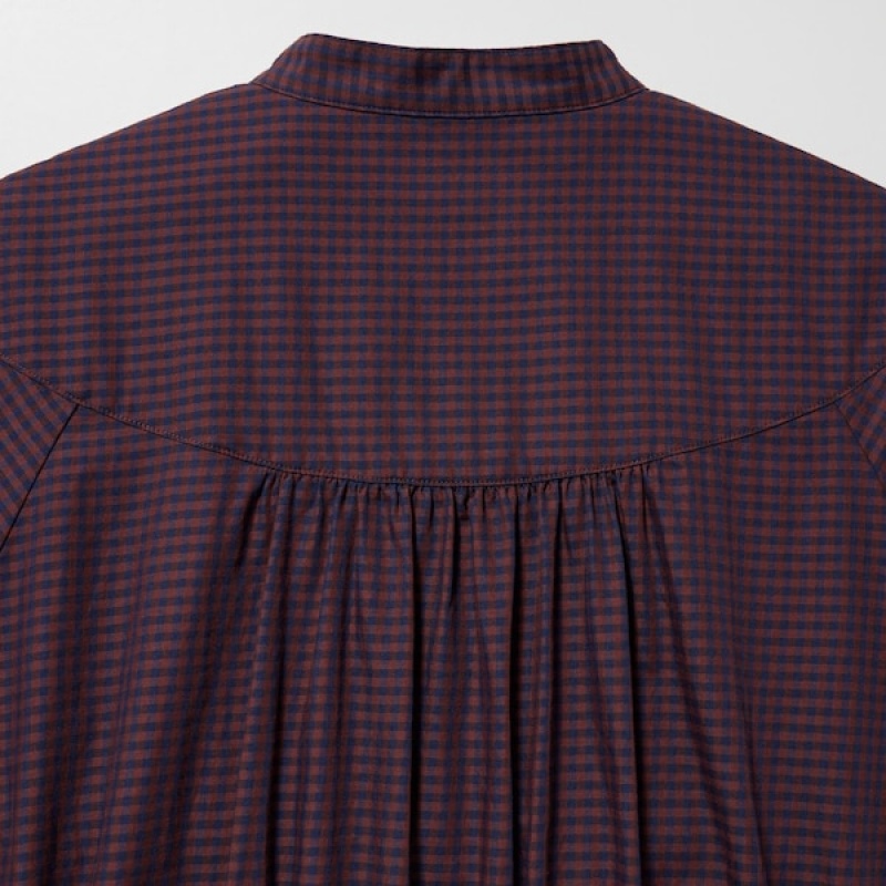 Uniqlo Bomull Twill Checked Volume Sleeve Long Kjole Dame Brune | 1572-AOQPN