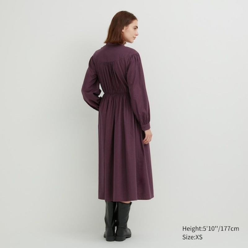 Uniqlo Bomull Twill Checked Volume Sleeve Long Kjole Dame Brune | 1572-AOQPN