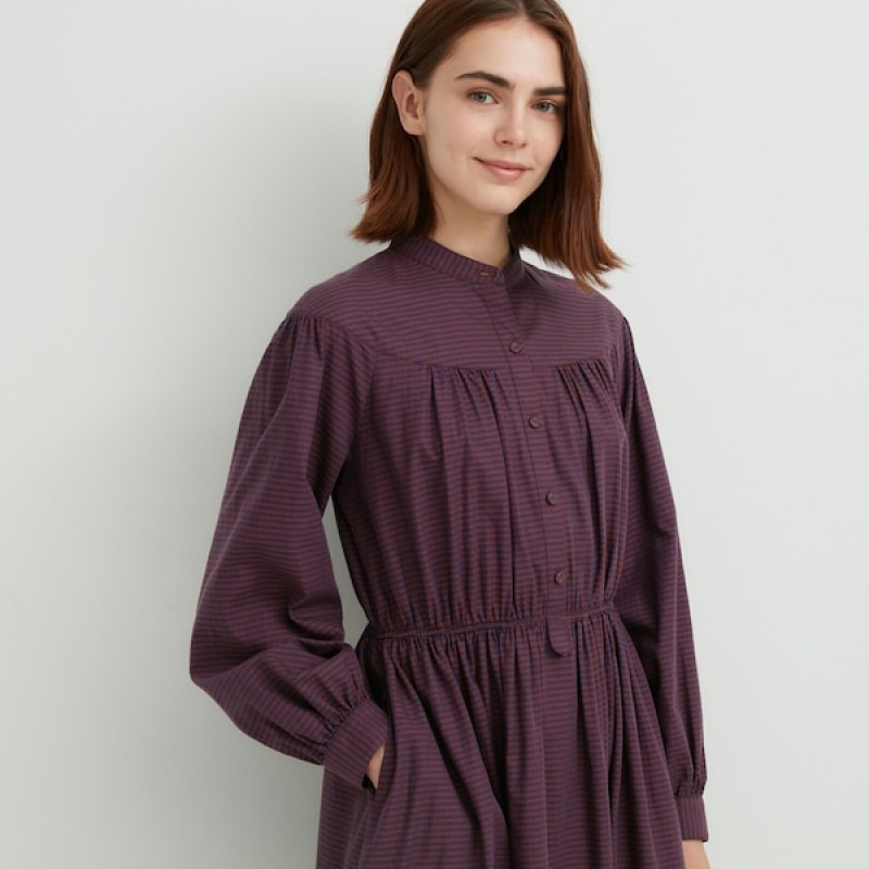 Uniqlo Bomull Twill Checked Volume Sleeve Long Kjole Dame Brune | 1572-AOQPN